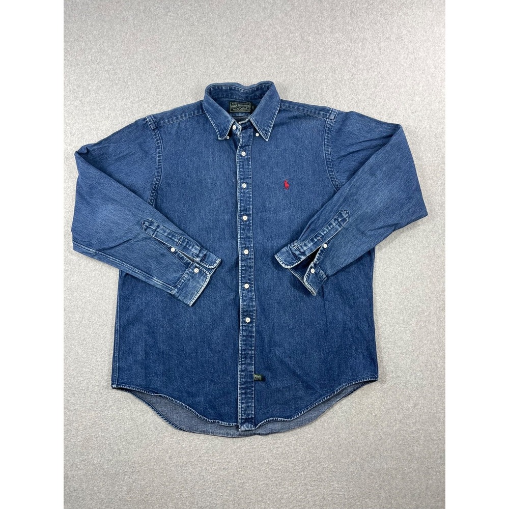Vintage Polo Country Ralph Lauren Denim Shirt Mens XL Blue Long Sleeve Red Pony